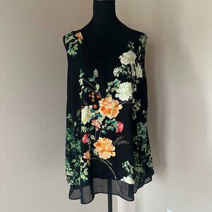 Rose + Olive Sleeveless V-Neck Top Blouse - Size 1X - Black Floral